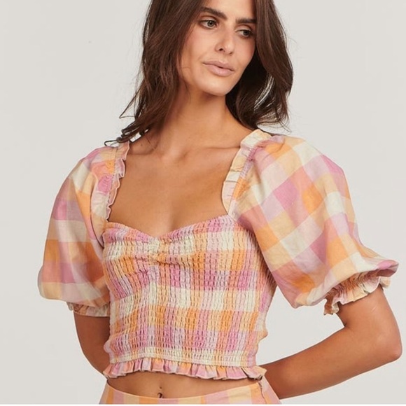 NEW Charlie Holiday Andrea Puff Sleeve Top Beige Multi Check Size 4 - Picture 2 of 5